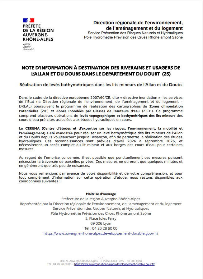 NOTE D’INFORMATION À DESTINATION DES RIVERAINS ET USAGERS DE L’ALLAN ET DU DOUBS DANS LE DEPARTEMENT DU DOUBT (25)