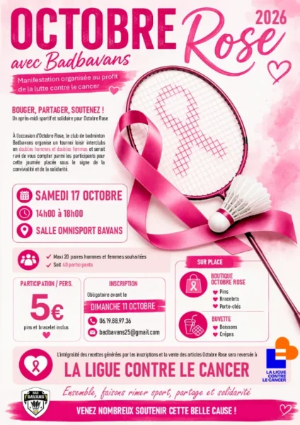 Affiche Octobre rose 2026 avec Badbavans, samedi 17 octobre, salle omnisport, au profit de la Ligue contre le cancer