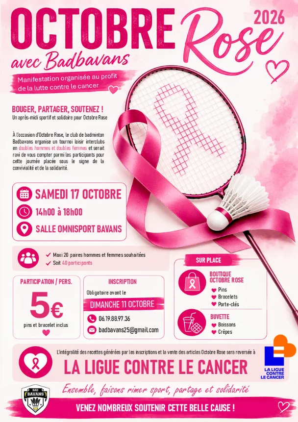 Affiche Octobre rose 2026 avec Badbavans, samedi 17 octobre, salle omnisport, au profit de la Ligue contre le cancer