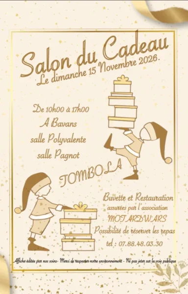 Affiche : Salon du cadeau, dimanche 15 novembre 2026, salle polyvalente, tombola
